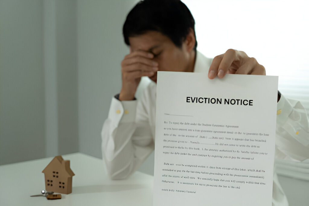 Office scene featuring an eviction notice