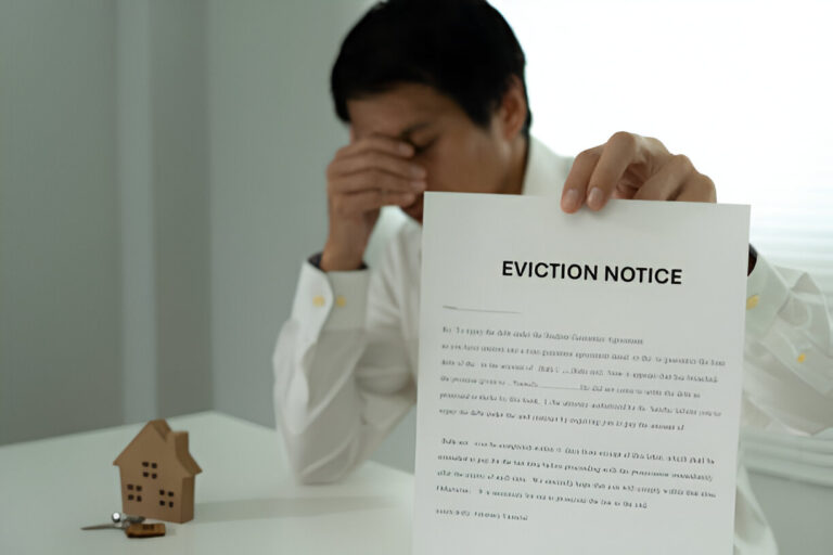 Office scene featuring an eviction notice, underscoring the need for proper handling and legal compliance in property management