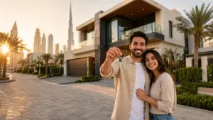 first-time home buyers in Dubai receiving house keys outside modern property